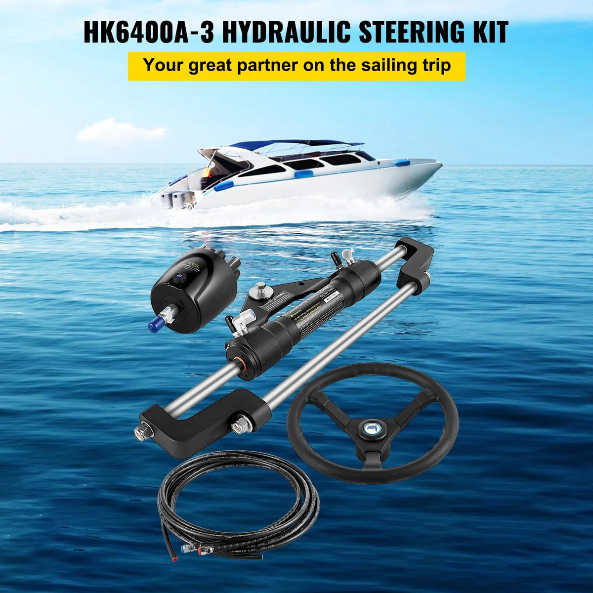 Hydraulic Steering System for Boat, 300 HP, Aluminium Alloy Cylinder, 34.3 cm Steering Wheel, 25.4 cm Hydraulic Hose