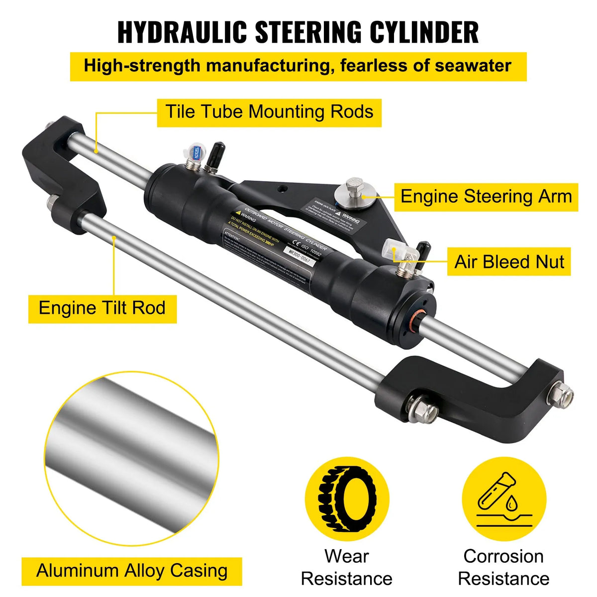 Hydraulic Steering System for Boat, 300 HP, Aluminium Alloy Cylinder, 34.3 cm Steering Wheel, 25.4 cm Hydraulic Hose
