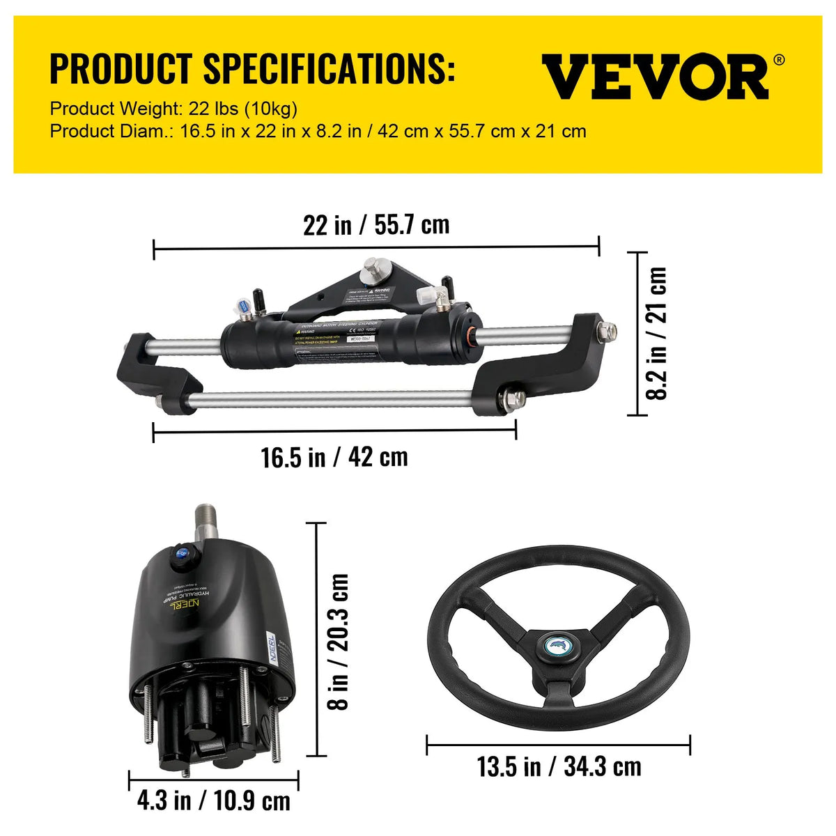 Hydraulic Steering System for Boat, 300 HP, Aluminium Alloy Cylinder, 34.3 cm Steering Wheel, 25.4 cm Hydraulic Hose