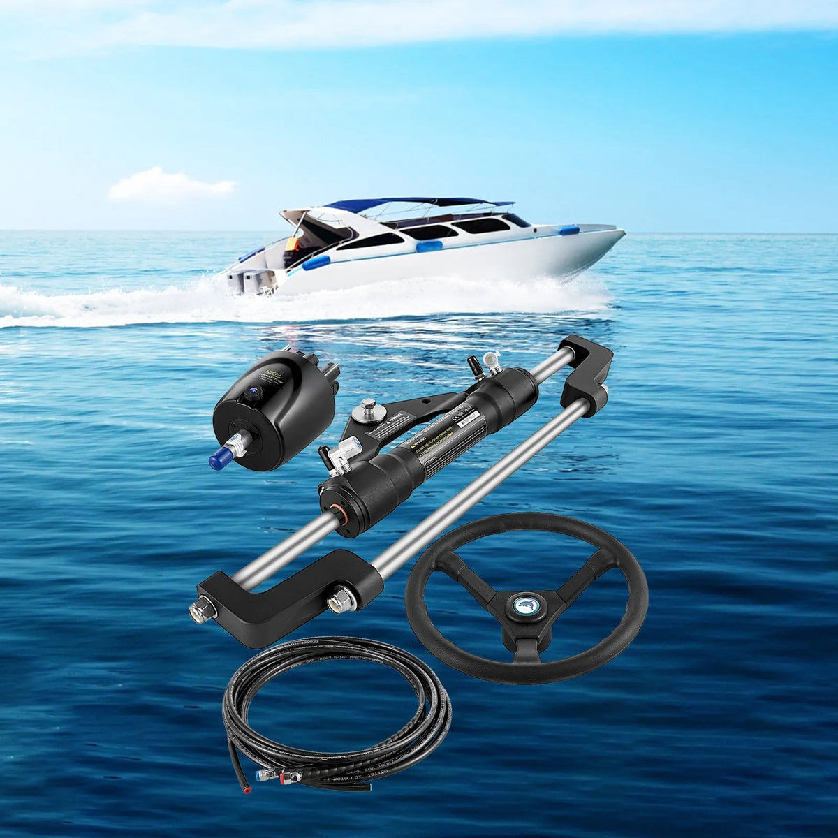Hydraulic Steering System for Boat, 300 HP, Aluminium Alloy Cylinder, 34.3 cm Steering Wheel, 25.4 cm Hydraulic Hose