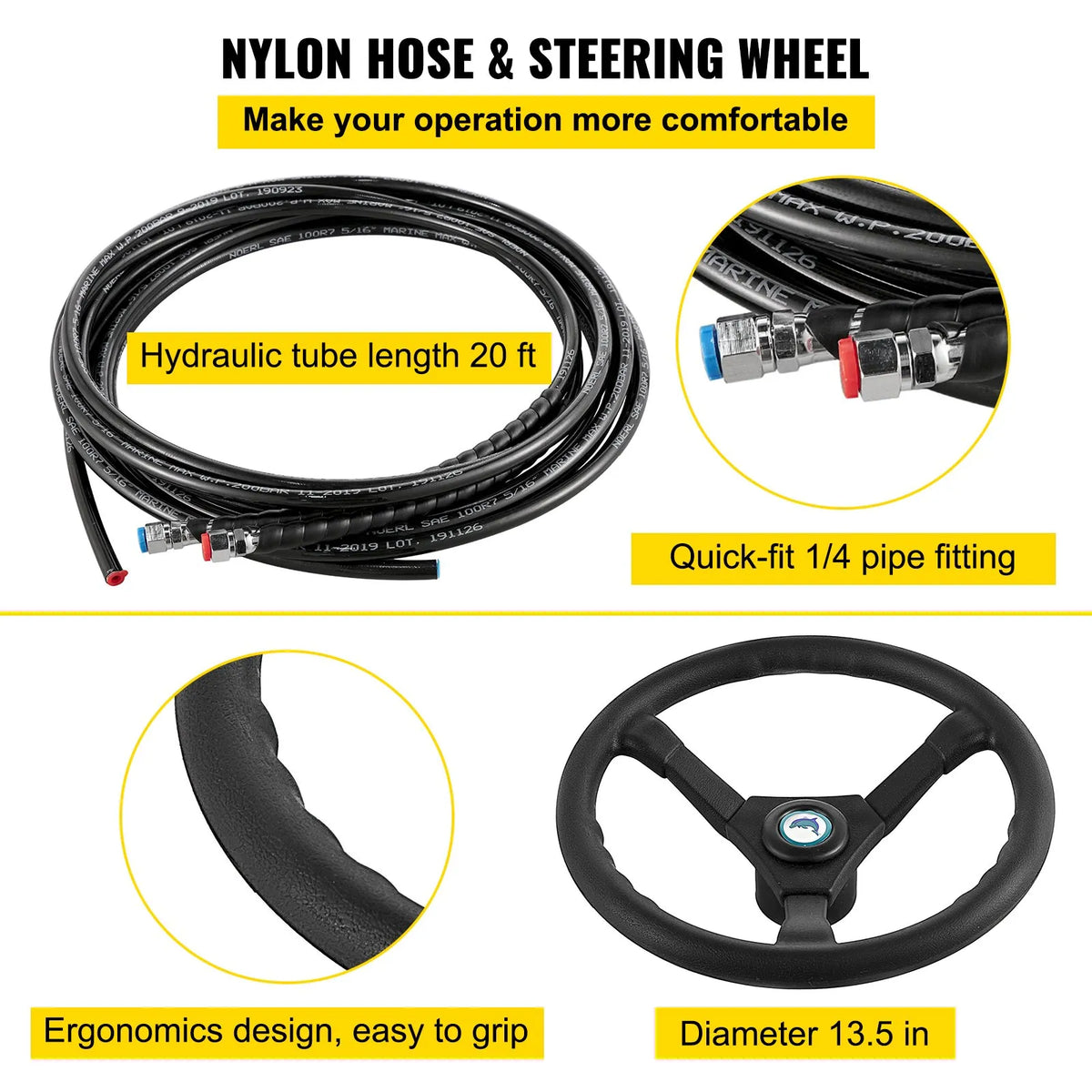 Hydraulic Boat Steering System 300 HP, Steering Pump, Outboard Control with 6.1 m Hydraulic Hose for Boat Steering System