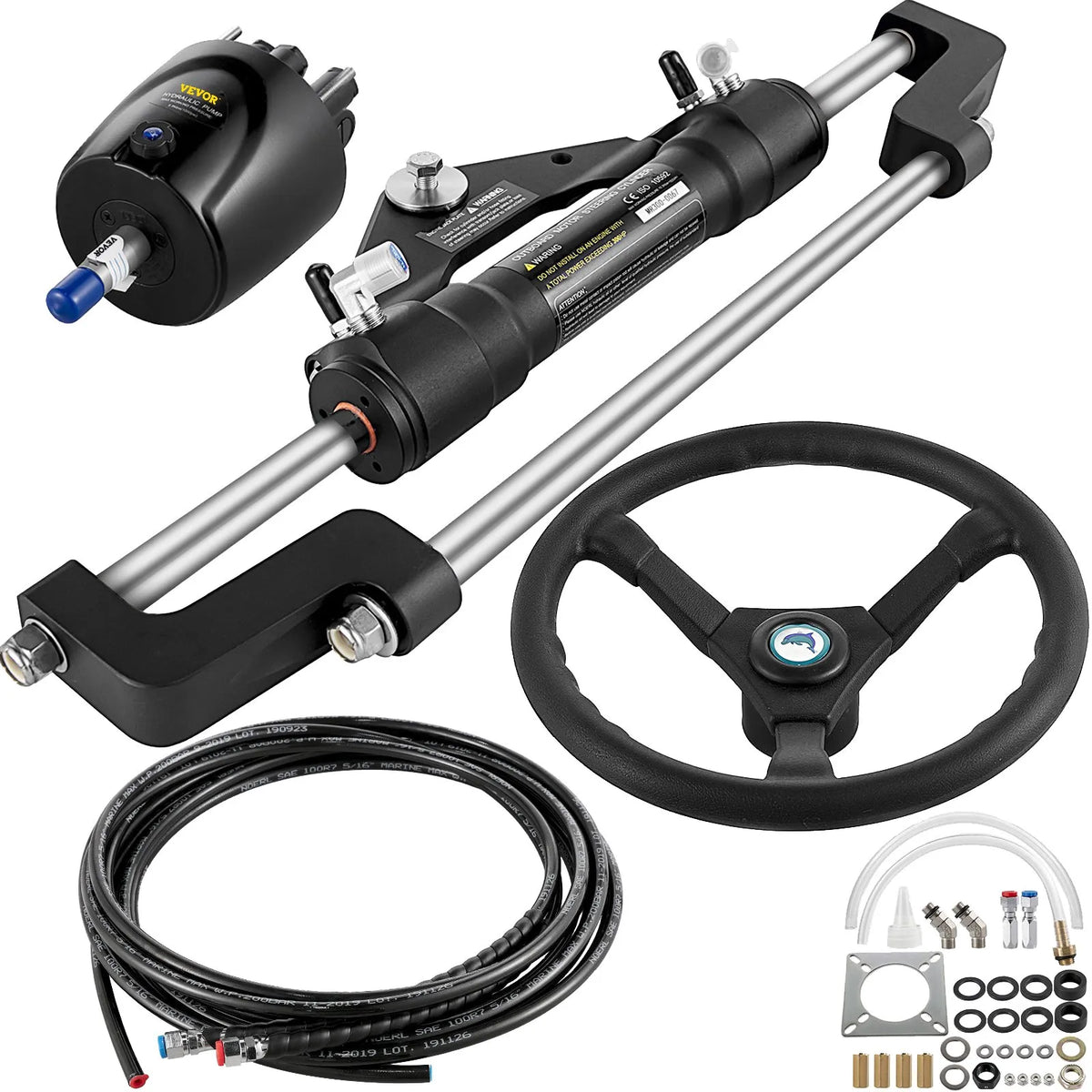 Hydraulic Steering System Kit for Boats up to 300 HP with Steering Pump, Cylinder, 6.7 m Hydraulic Hose and 34.3 cm Steering Wheel Single Station Single Engine System