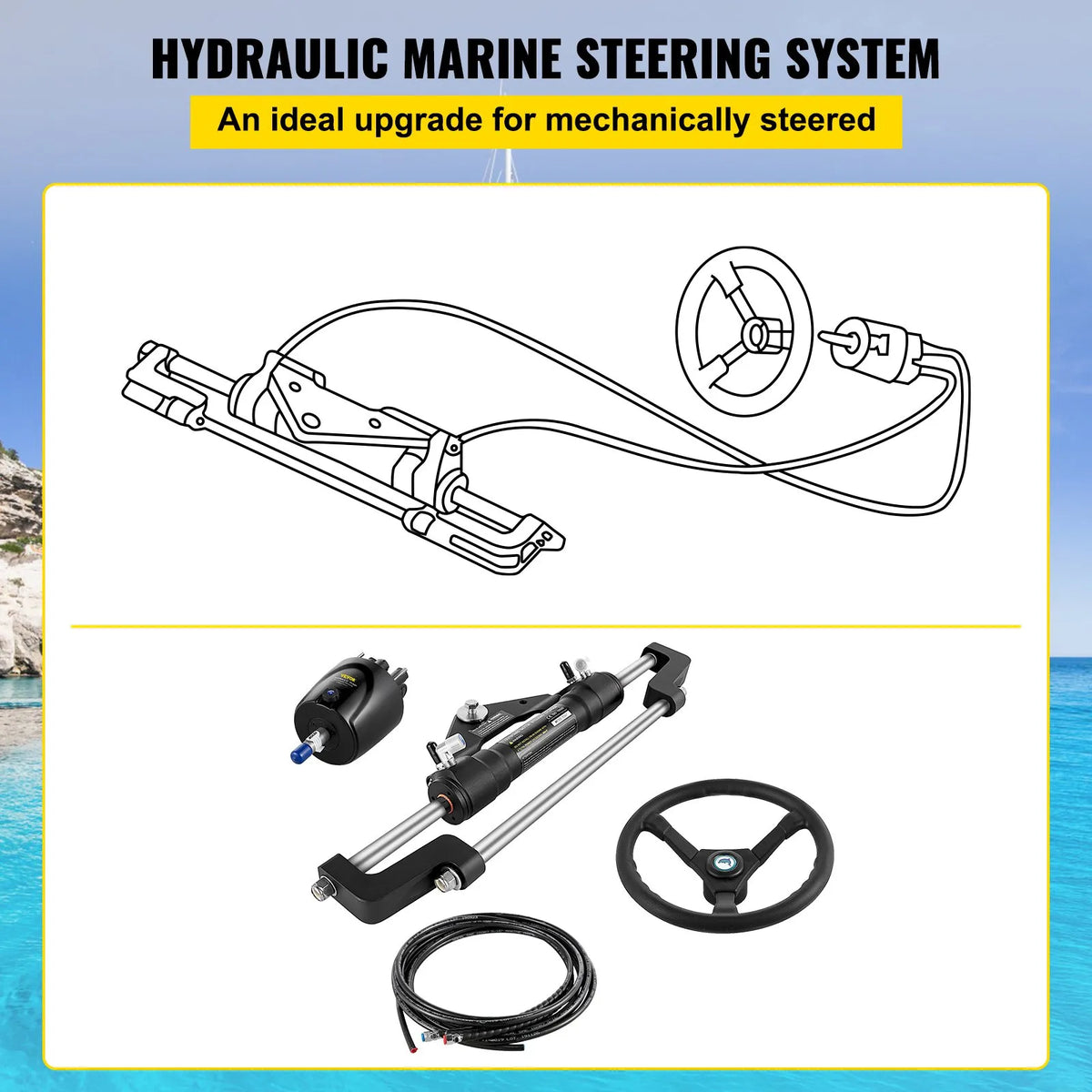 Hydraulic Steering System Kit for Boats up to 300 HP with Steering Pump, Cylinder, 6.7 m Hydraulic Hose and 34.3 cm Steering Wheel Single Station Single Engine System