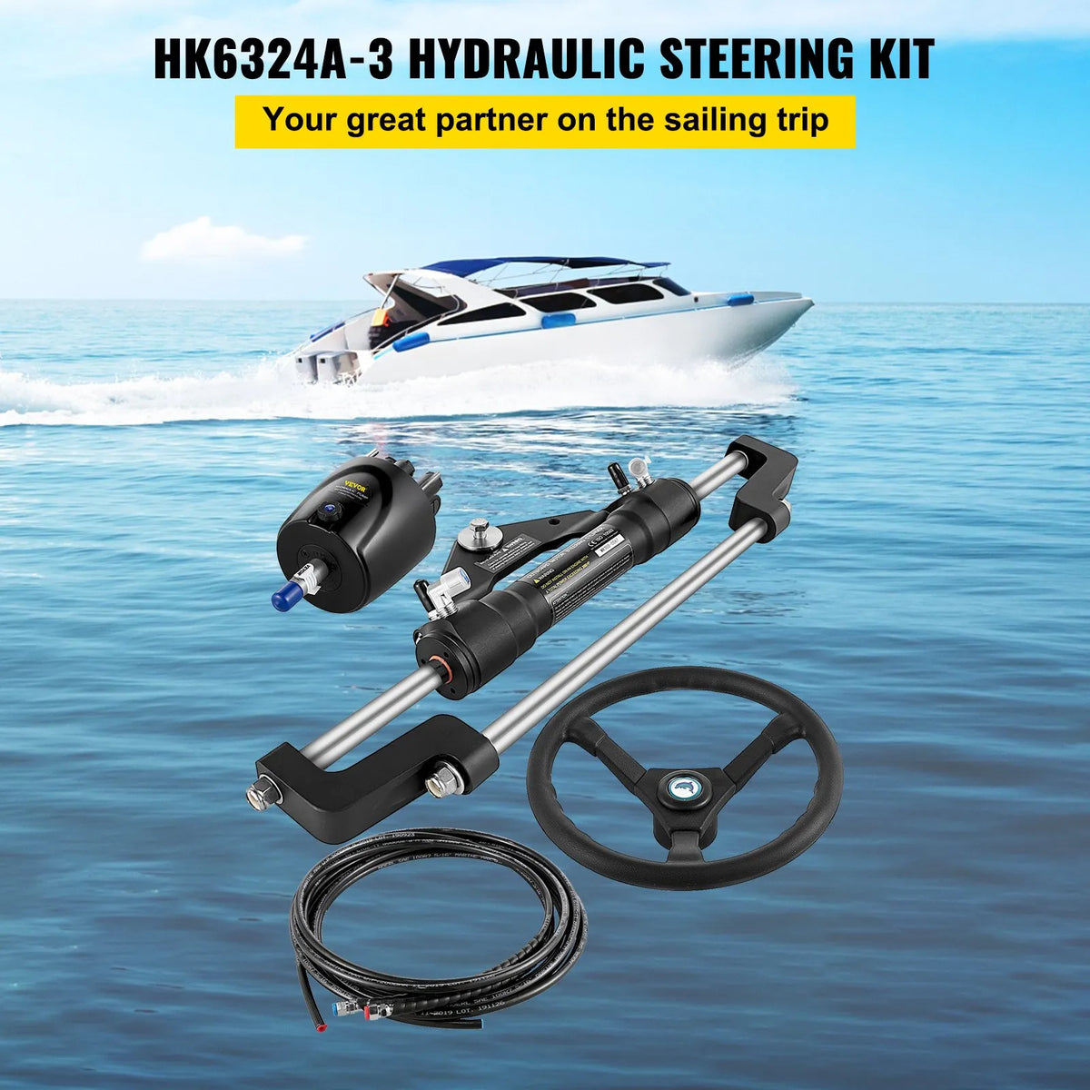 Hydraulic Steering System for Boats, 300 HP, with Pump, Cylinder, 343 mm Steering Wheel and 7.3 m Hose, Corrosion Resistant, Suitable for Marine Conditions