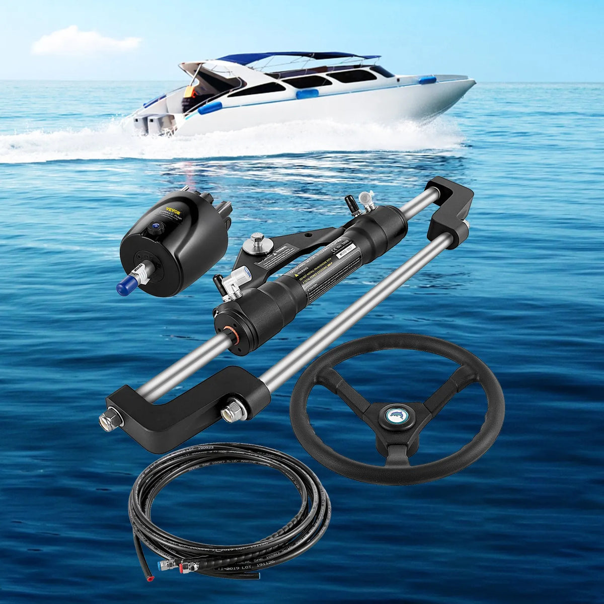 Hydraulic Steering System for Boats, 300 HP, with Pump, Cylinder, 343 mm Steering Wheel and 7.3 m Hose, Corrosion Resistant, Suitable for Marine Conditions