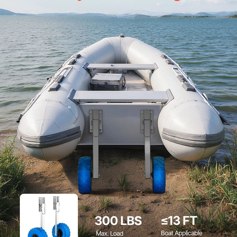 VEVOR laivas transportēšanas riteņi 260 mm, līdz 136,1 kg, nerūsējošā tērauda tranča riteņi ar cietām PVC riepām, salokāmi, ar 4 ātrās fiksācijas tapām, piepūšamām laivām līdz 4 m