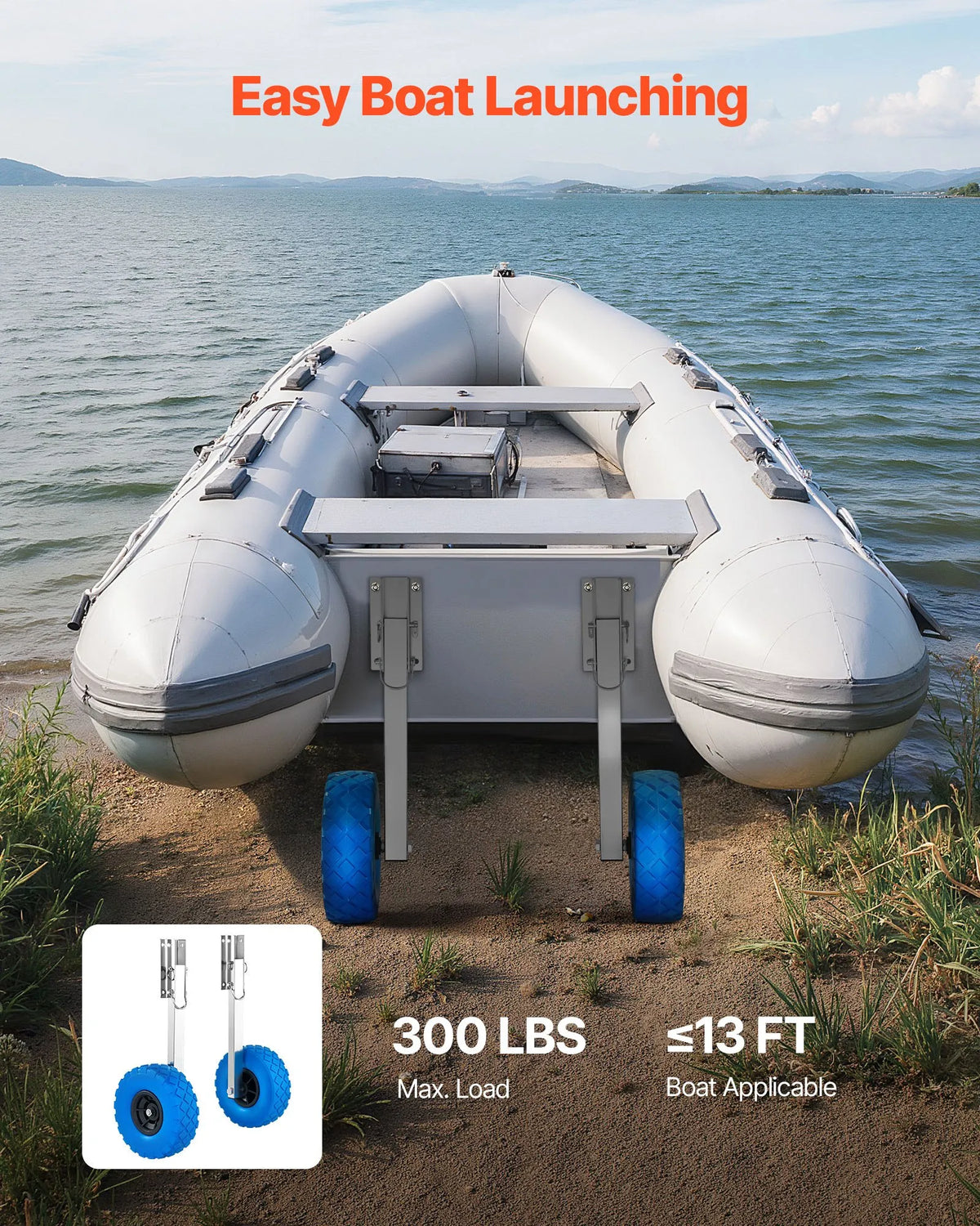 VEVORi paadiveorattad 260 mm, kuni 136,1 kg, roostevabast terasest veorattad kõvade PVC-rehvidega, kokkupandavad, 4 kiirfikseerimistapiga, täispuhutavatele paatidele kuni 4 m