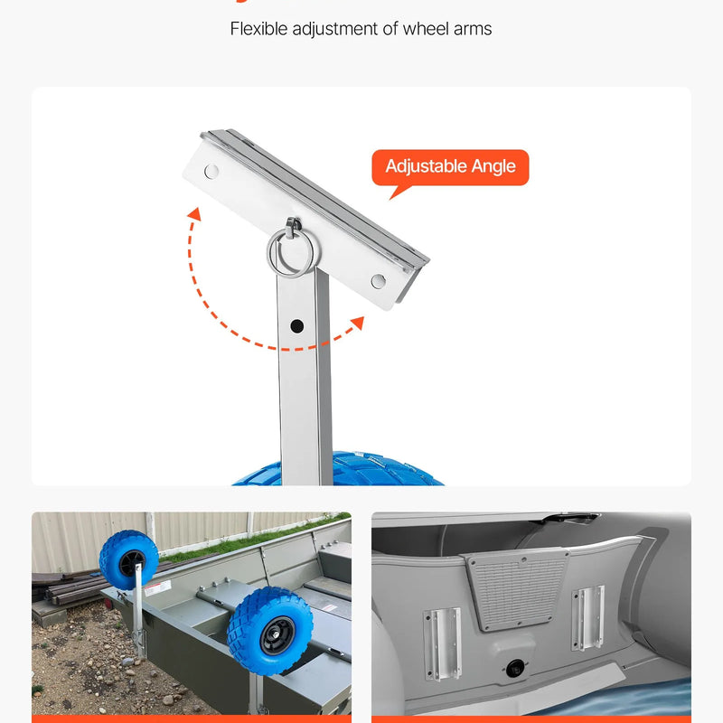 VEVOR laivas transportēšanas riteņi 260 mm, līdz 136,1 kg, nerūsējošā tērauda tranča riteņi ar cietām PVC riepām, salokāmi, ar 4 ātrās fiksācijas tapām, piepūšamām laivām līdz 4 m