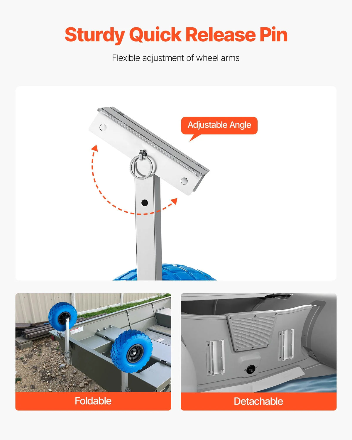 VEVORi paadiveorattad 260 mm, kuni 136,1 kg, roostevabast terasest veorattad kõvade PVC-rehvidega, kokkupandavad, 4 kiirfikseerimistapiga, täispuhutavatele paatidele kuni 4 m