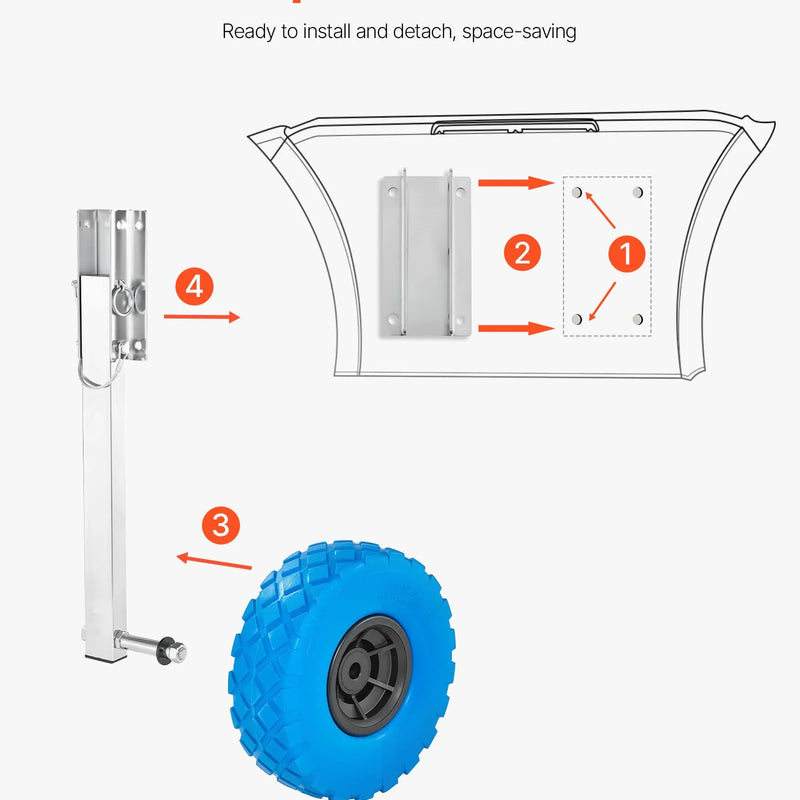 VEVOR laivas transportēšanas riteņi 260 mm, līdz 136,1 kg, nerūsējošā tērauda tranča riteņi ar cietām PVC riepām, salokāmi, ar 4 ātrās fiksācijas tapām, piepūšamām laivām līdz 4 m