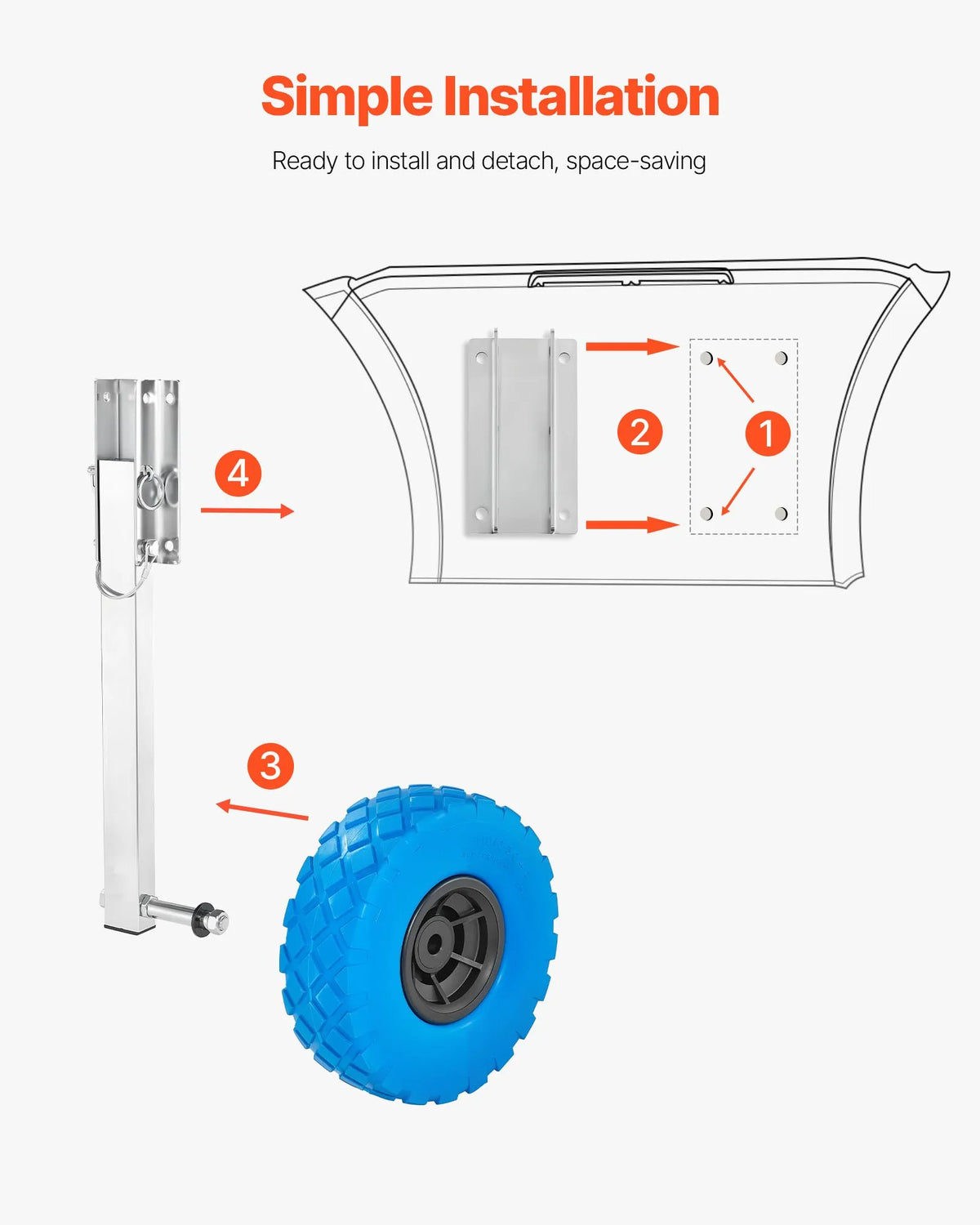 VEVORi paadiveorattad 260 mm, kuni 136,1 kg, roostevabast terasest veorattad kõvade PVC-rehvidega, kokkupandavad, 4 kiirfikseerimistapiga, täispuhutavatele paatidele kuni 4 m