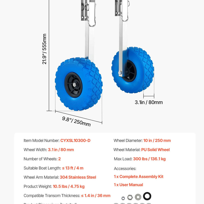 VEVOR laivas transportēšanas riteņi 260 mm, līdz 136,1 kg, nerūsējošā tērauda tranča riteņi ar cietām PVC riepām, salokāmi, ar 4 ātrās fiksācijas tapām, piepūšamām laivām līdz 4 m