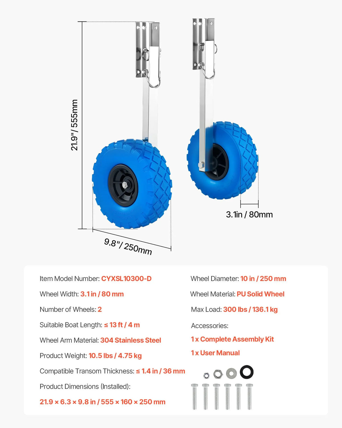 VEVORi paadiveorattad 260 mm, kuni 136,1 kg, roostevabast terasest veorattad kõvade PVC-rehvidega, kokkupandavad, 4 kiirfikseerimistapiga, täispuhutavatele paatidele kuni 4 m