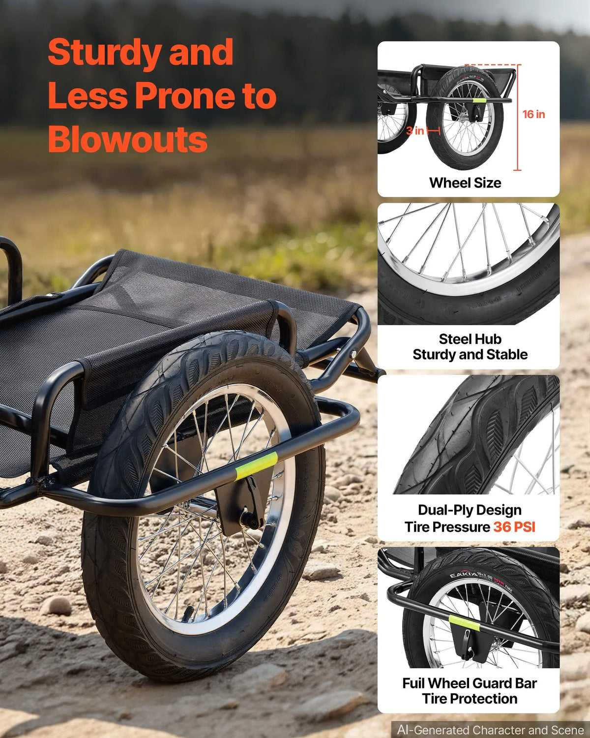 VEVOR velosipēda kravas piekabe, 145 kg, 406 mm riteņi, bezceļiem