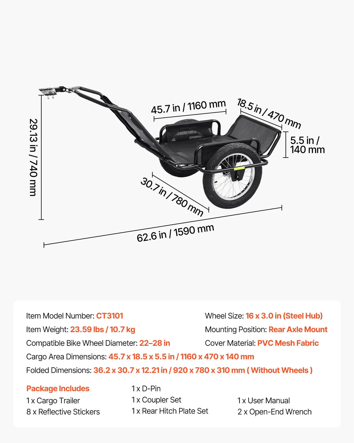 VEVOR velosipēda kravas piekabe, 145 kg, 406 mm riteņi, bezceļiem