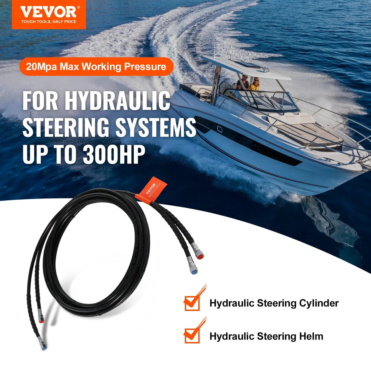 VEVOR Outboard Engine Hydraulic Hose Kit, 6.1 m Hydraulic Steering Hose, 2 pcs TPEE Hydraulic Hoses Leak-Free, for Boat Hydraulic Outboard Engine Steering Systems up to 300 HP