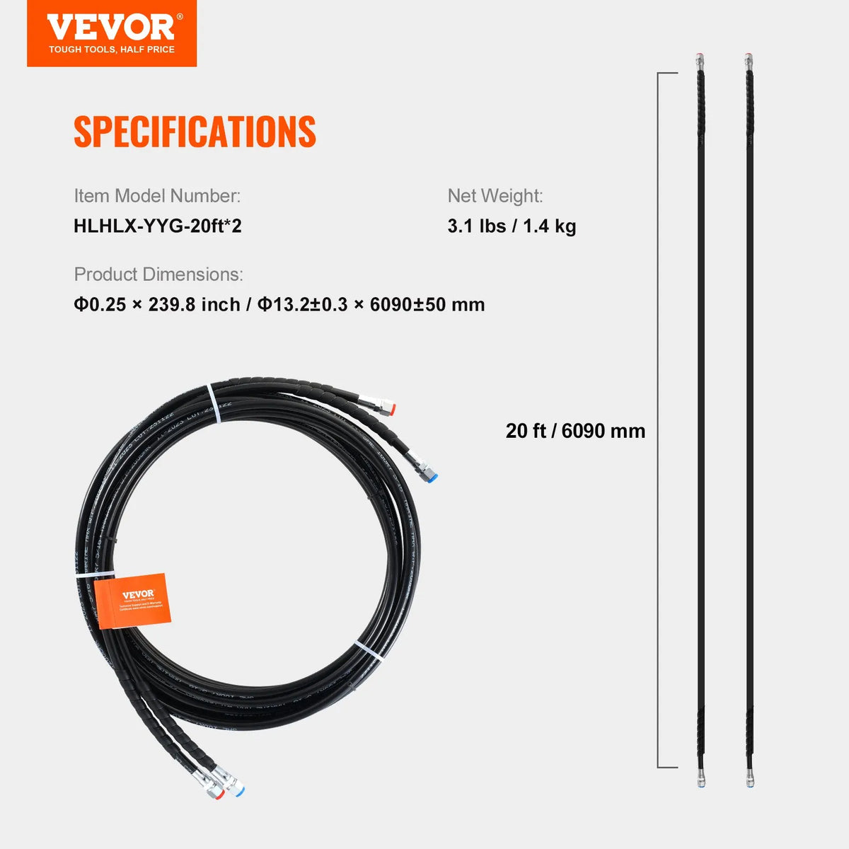 VEVOR Outboard Engine Hydraulic Hose Kit, 6.1 m Hydraulic Steering Hose, 2 pcs TPEE Hydraulic Hoses Leak-Free, for Boat Hydraulic Outboard Engine Steering Systems up to 300 HP