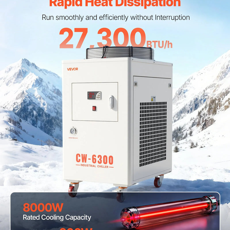 VEVOR industriālais ūdens dzesētājs, 8000 W, industriāla ūdens dzesēšanas sistēma ar kompresoru, maksimālais plūsmas ātrums 70 l/min, 40 l tvertnes ietilpība, lāzera dzesētājs CO₂ lāzera cauruļu gravēšanas un griešanas iekārtām