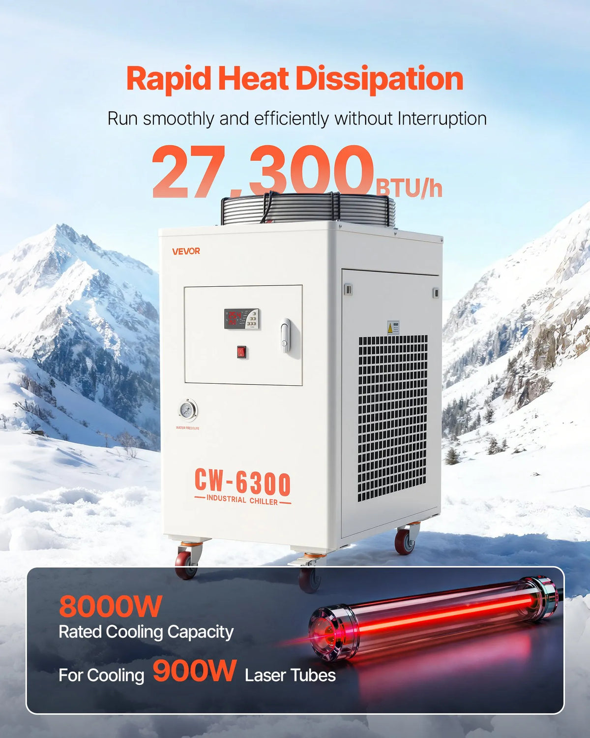VEVOR Industrial Water Chiller with Compressor 8000 W, 40 l Tank, 70 l/min, for CO₂ Laser Tubes