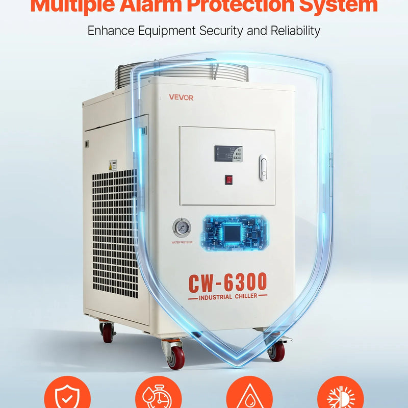 VEVOR industriālais ūdens dzesētājs, 8000 W, industriāla ūdens dzesēšanas sistēma ar kompresoru, maksimālais plūsmas ātrums 70 l/min, 40 l tvertnes ietilpība, lāzera dzesētājs CO₂ lāzera cauruļu gravēšanas un griešanas iekārtām