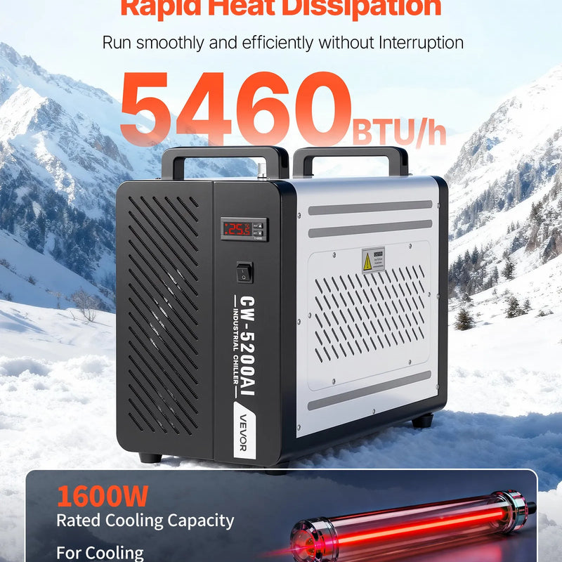VEVOR industriālais ūdens dzesētājs, 1600 W, industriāla ūdens dzesēšanas sistēma ar kompresoru, maksimālais plūsmas ātrums 16 l/min, 7 l tvertnes ietilpība, lāzera dzesētājs CO₂ lāzera cauruļu gravēšanas un griešanas iekārtām