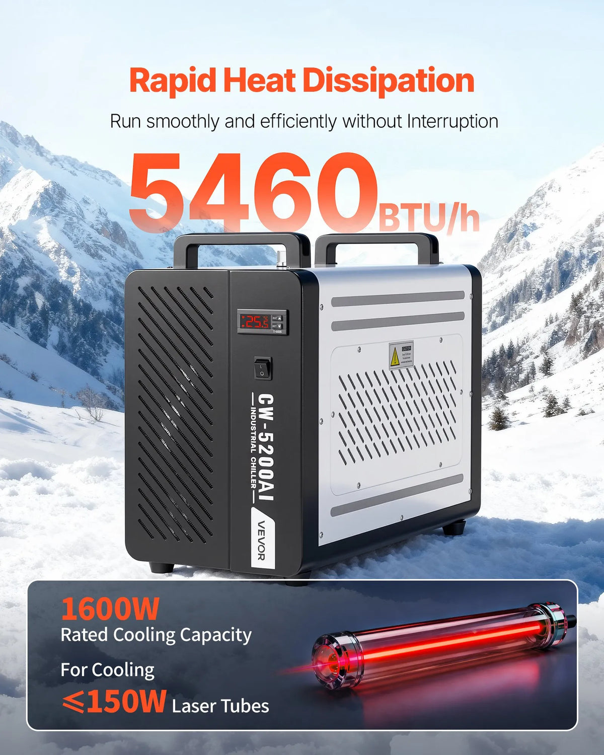 VEVOR Industrial Water Chiller with Compressor 1600 W, 7 l Tank, 16 l/min, for CO₂ Laser Tubes