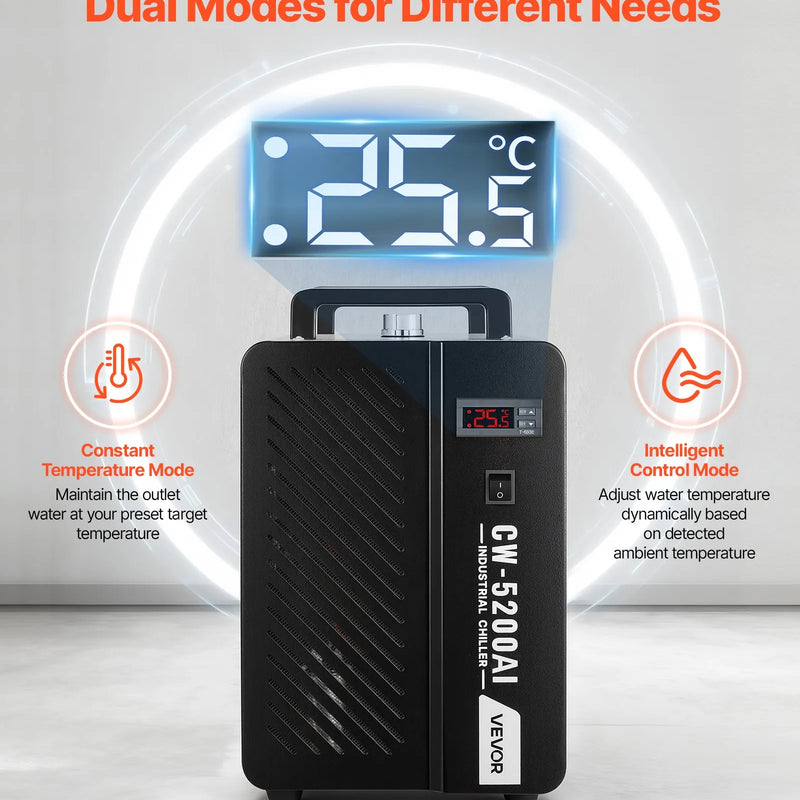 VEVOR industriālais ūdens dzesētājs, 1600 W, industriāla ūdens dzesēšanas sistēma ar kompresoru, maksimālais plūsmas ātrums 16 l/min, 7 l tvertnes ietilpība, lāzera dzesētājs CO₂ lāzera cauruļu gravēšanas un griešanas iekārtām