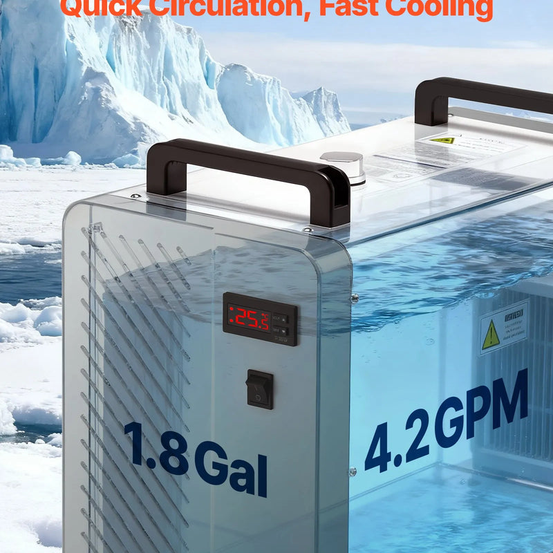 VEVOR industriālais ūdens dzesētājs, 1600 W, industriāla ūdens dzesēšanas sistēma ar kompresoru, maksimālais plūsmas ātrums 16 l/min, 7 l tvertnes ietilpība, lāzera dzesētājs CO₂ lāzera cauruļu gravēšanas un griešanas iekārtām