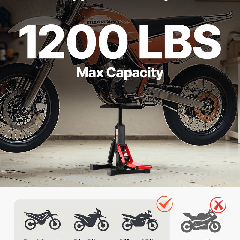 Motocikla hidrauliskais pacēlājs ar regulējamu augstumu 250-465 mm, celtspēja 545 kg, piemērots krosa motociklu apkopei un remontam
