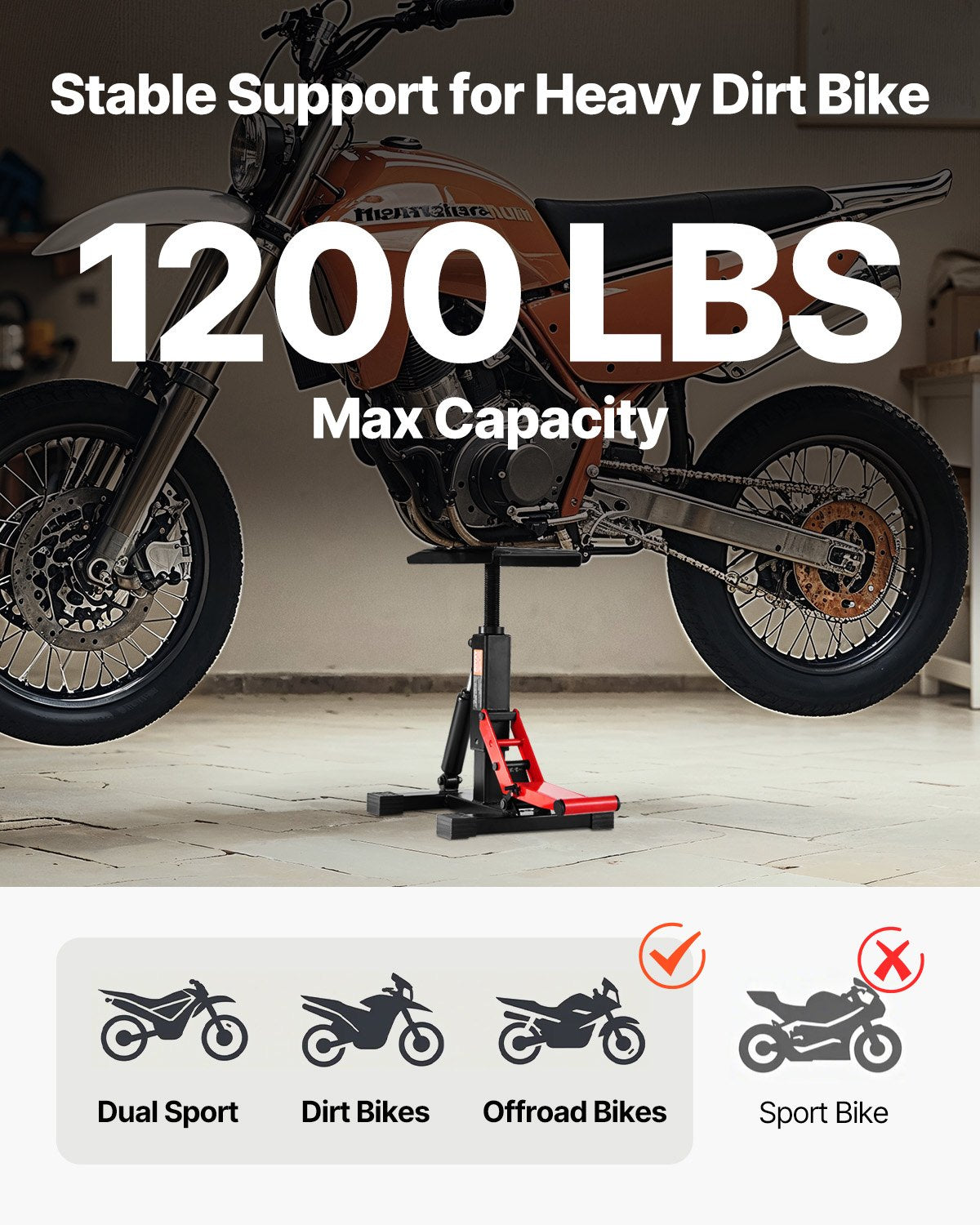 VEVOR Motorcycle Hydraulic Lift with Adjustable Height 250–465 mm, 545 kg Load Capacity, Suitable for Dirt Bike Maintenance and Repair