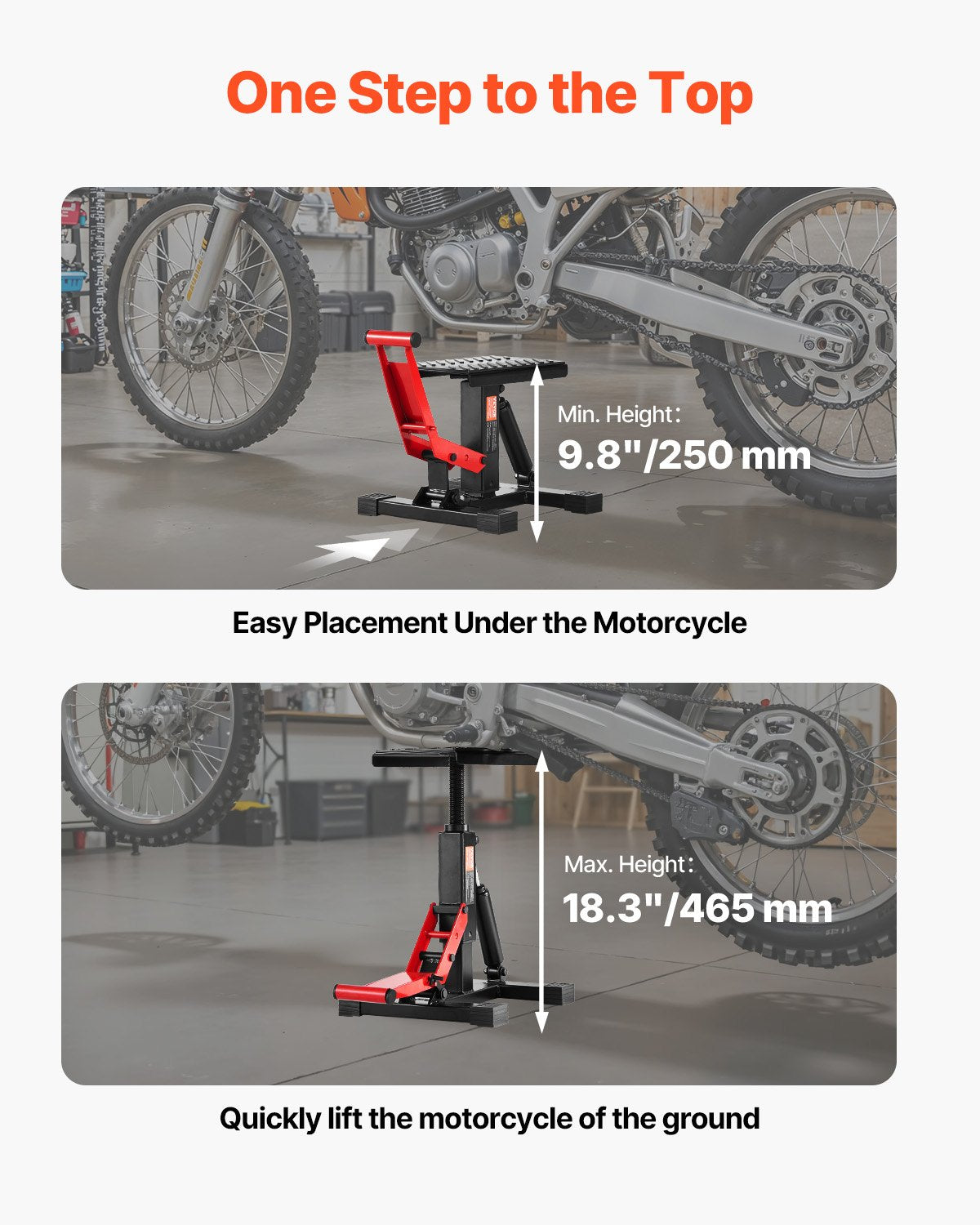 VEVOR Motorcycle Hydraulic Lift with Adjustable Height 250–465 mm, 545 kg Load Capacity, Suitable for Dirt Bike Maintenance and Repair