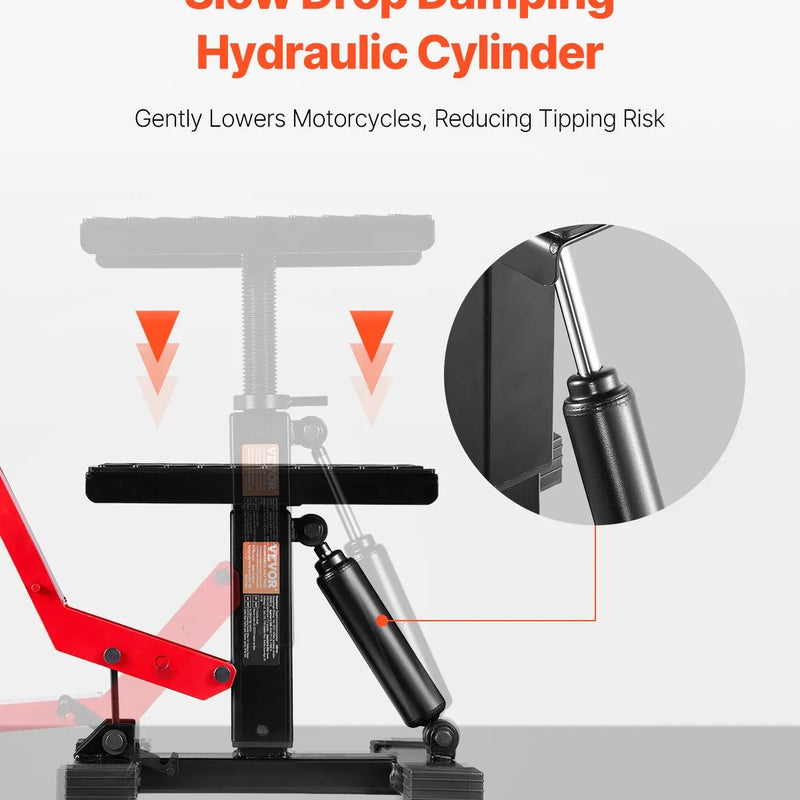Motocikla hidrauliskais pacēlājs ar regulējamu augstumu 250-465 mm, celtspēja 545 kg, piemērots krosa motociklu apkopei un remontam
