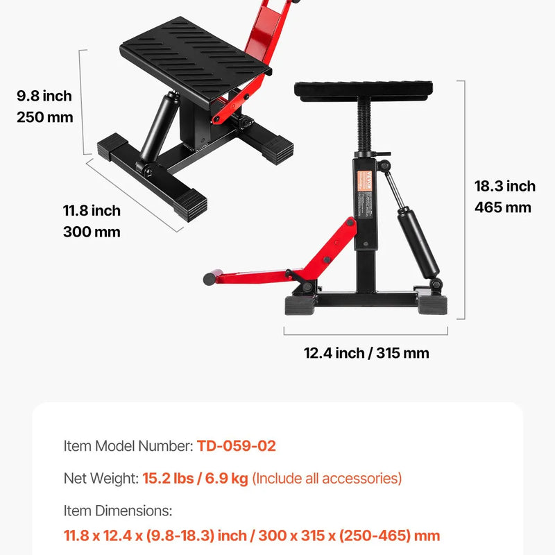 Motocikla hidrauliskais pacēlājs ar regulējamu augstumu 250-465 mm, celtspēja 545 kg, piemērots krosa motociklu apkopei un remontam