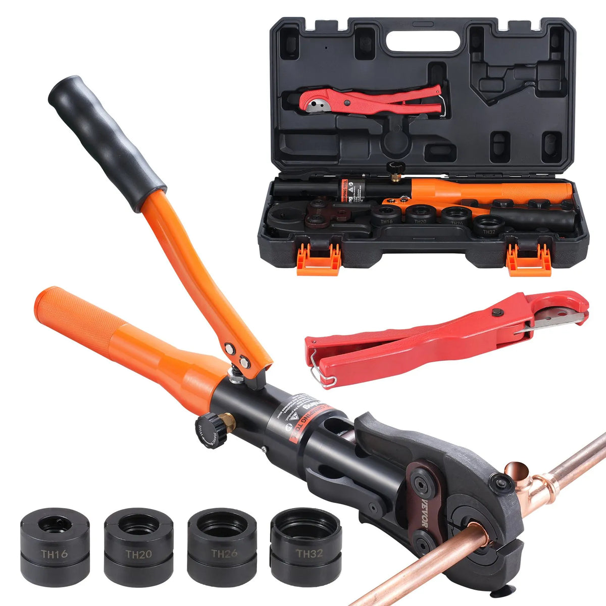 VEVOR Hydraulic Press Crimping Tool for Copper Tubes with Quick-Change Dies TH16, TH20, TH26 and TH32, 360° Rotating Head and Pressing Mechanism for Tight Spaces and T-Fittings