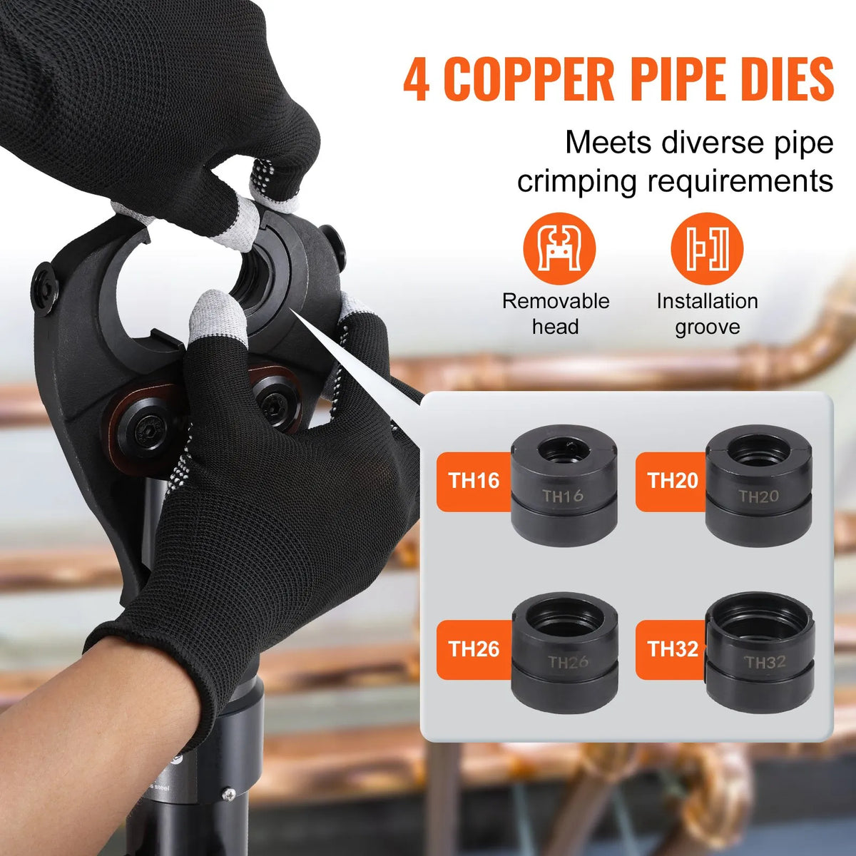 VEVOR Hydraulic Press Crimping Tool for Copper Tubes with Quick-Change Dies TH16, TH20, TH26 and TH32, 360° Rotating Head and Pressing Mechanism for Tight Spaces and T-Fittings