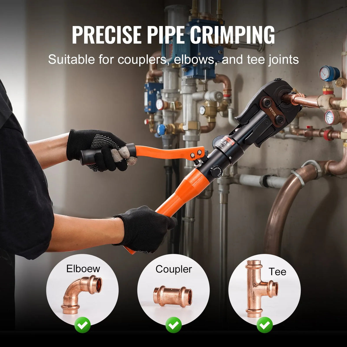 VEVOR Hydraulic Press Crimping Tool for Copper Tubes with Quick-Change Dies TH16, TH20, TH26 and TH32, 360° Rotating Head and Pressing Mechanism for Tight Spaces and T-Fittings