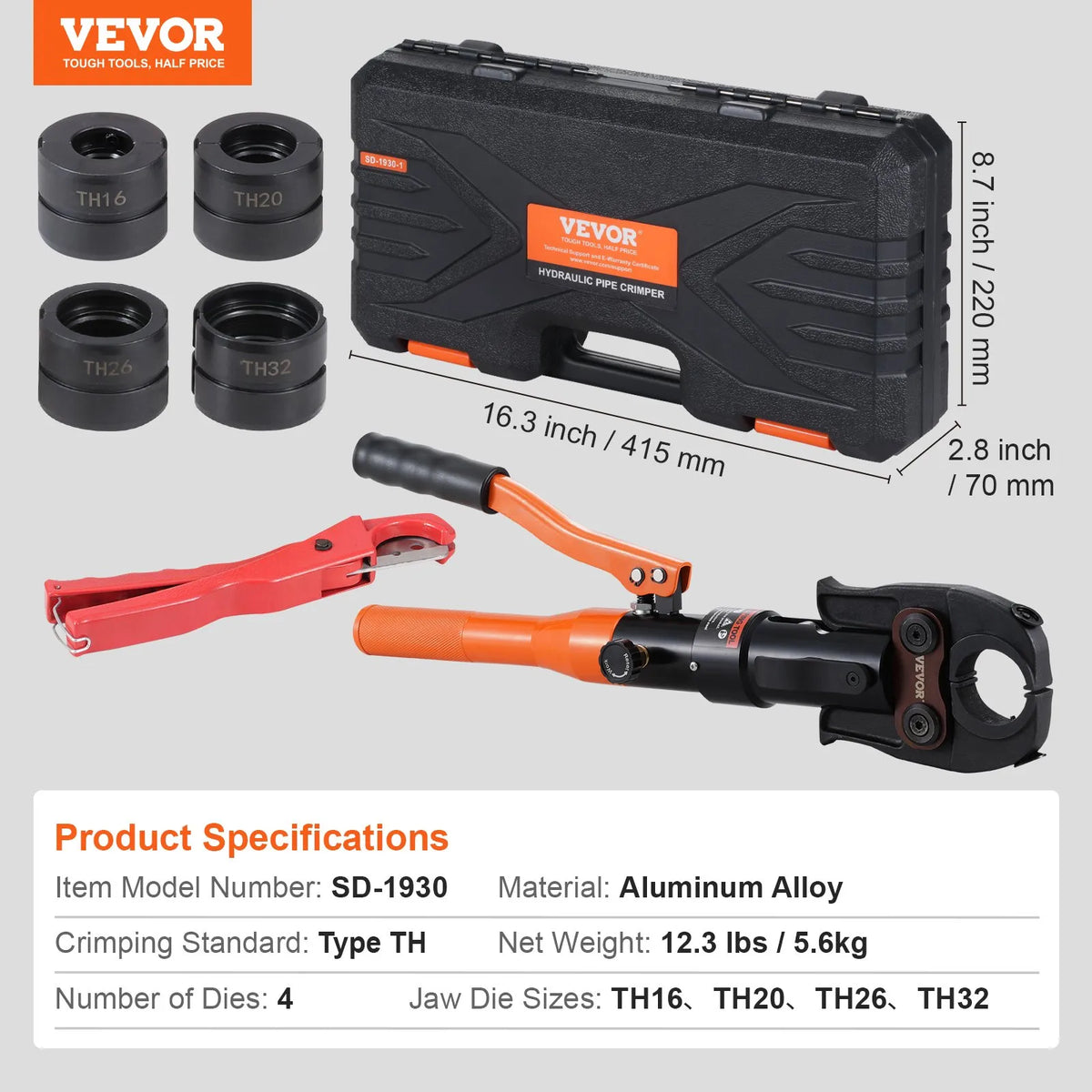 VEVOR Hydraulic Press Crimping Tool for Copper Tubes with Quick-Change Dies TH16, TH20, TH26 and TH32, 360° Rotating Head and Pressing Mechanism for Tight Spaces and T-Fittings