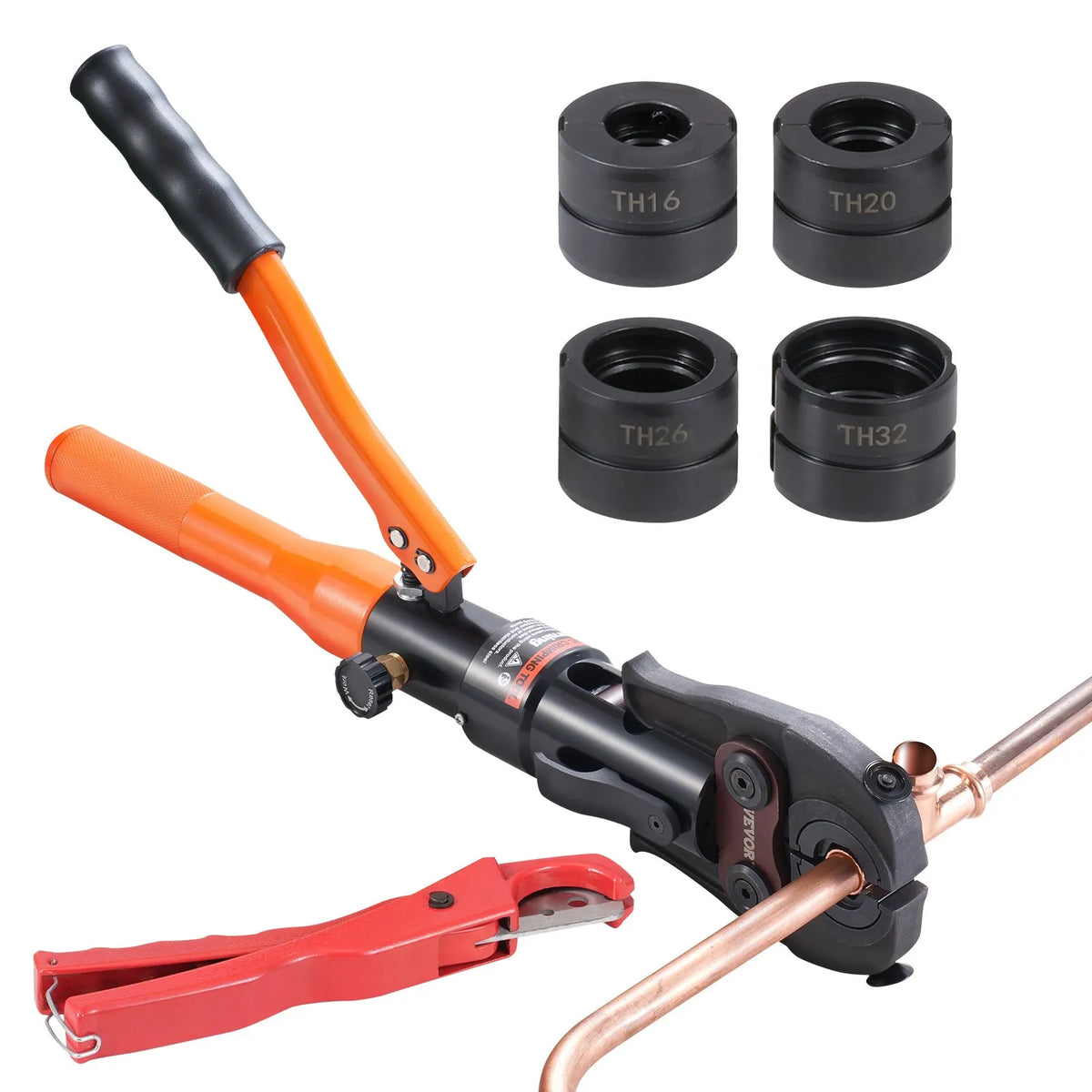 VEVOR Hydraulic Press Crimping Tool for Copper Tubes with Quick-Change Dies TH16, TH20, TH26 and TH32, 360° Rotating Head and Pressing Mechanism for Tight Spaces and T-Fittings