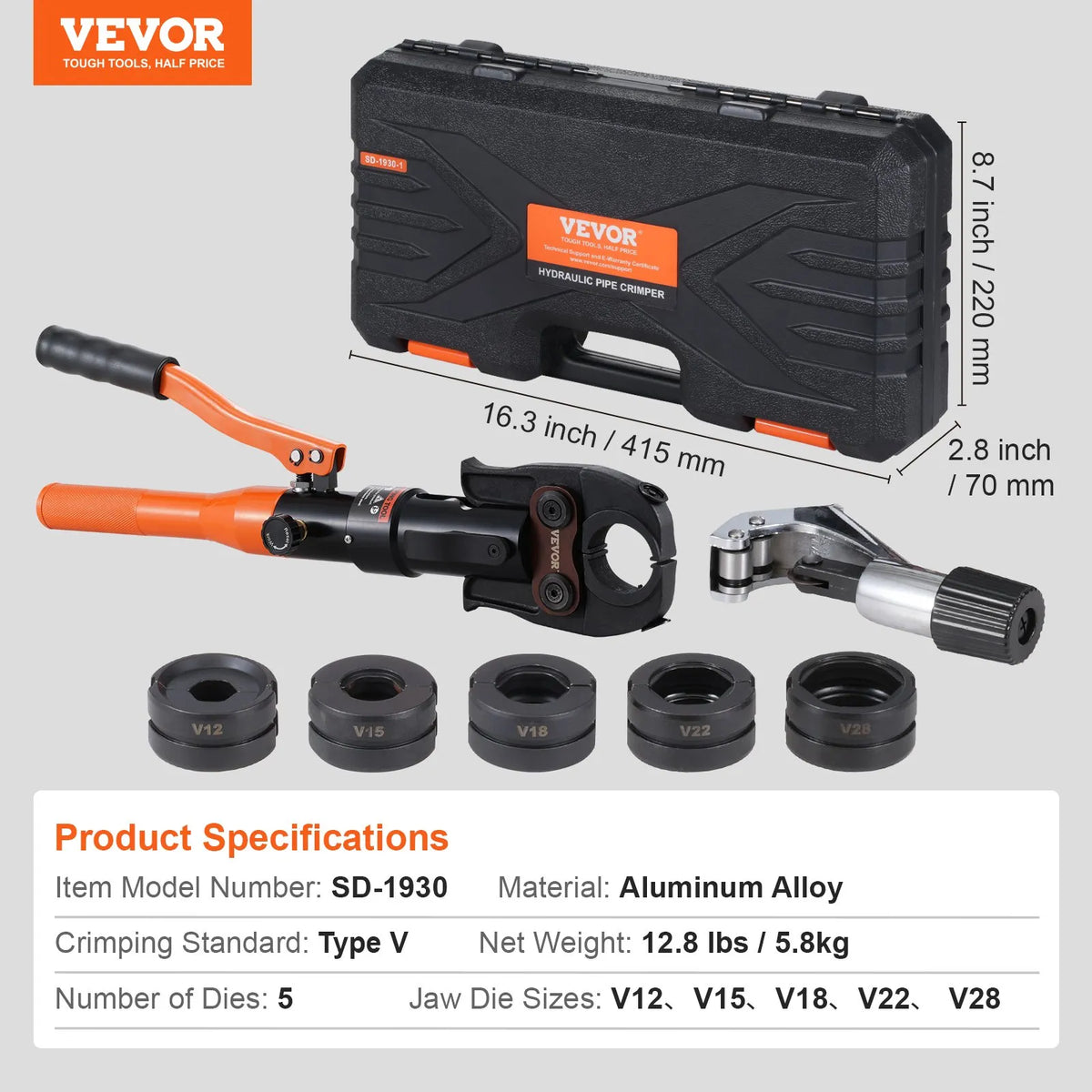 Copper Pipe Pressing Tool with V12/15/18/22/28 Heads, 360° Rotating Head