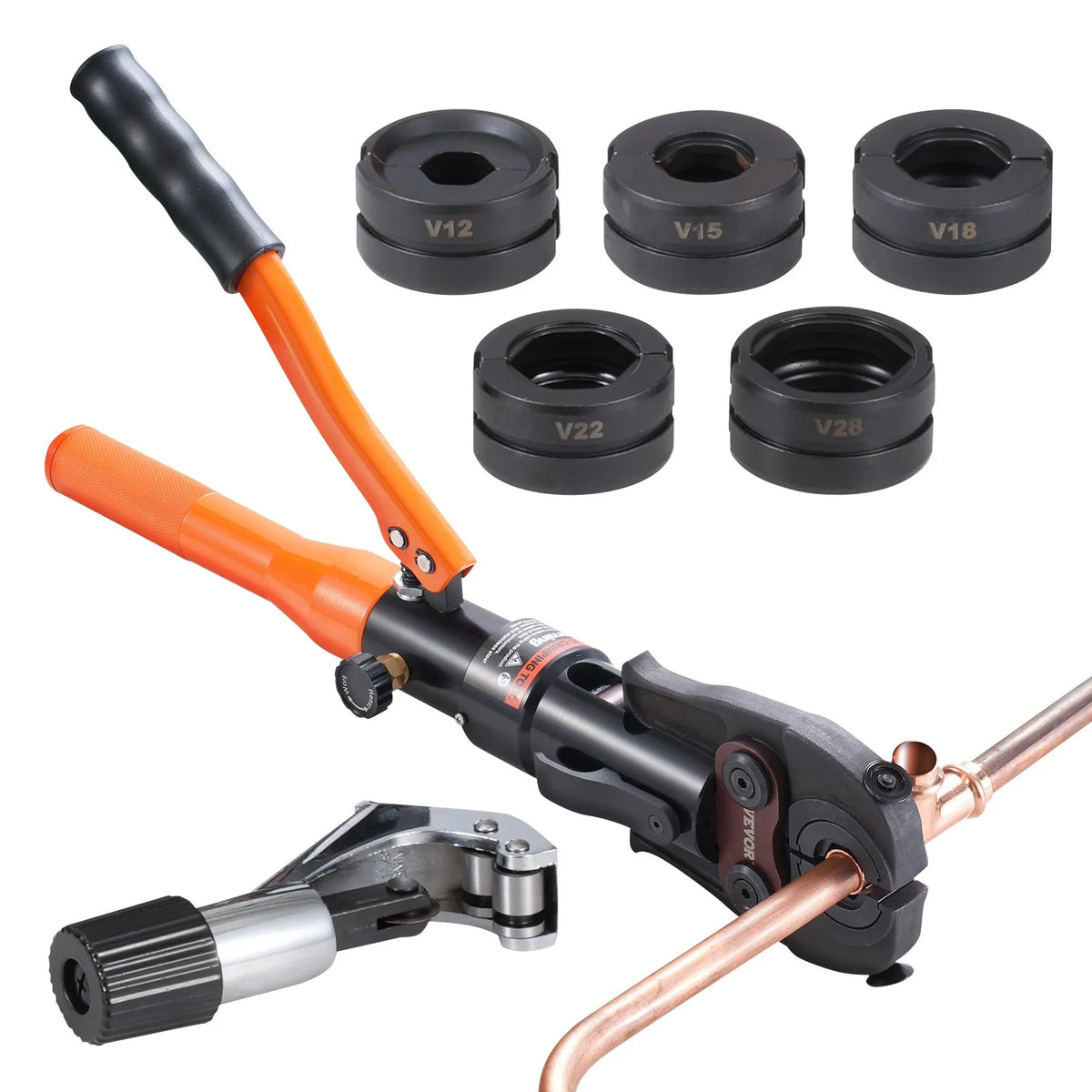 Copper Pipe Pressing Tool with V12/15/18/22/28 Heads, 360° Rotating Head