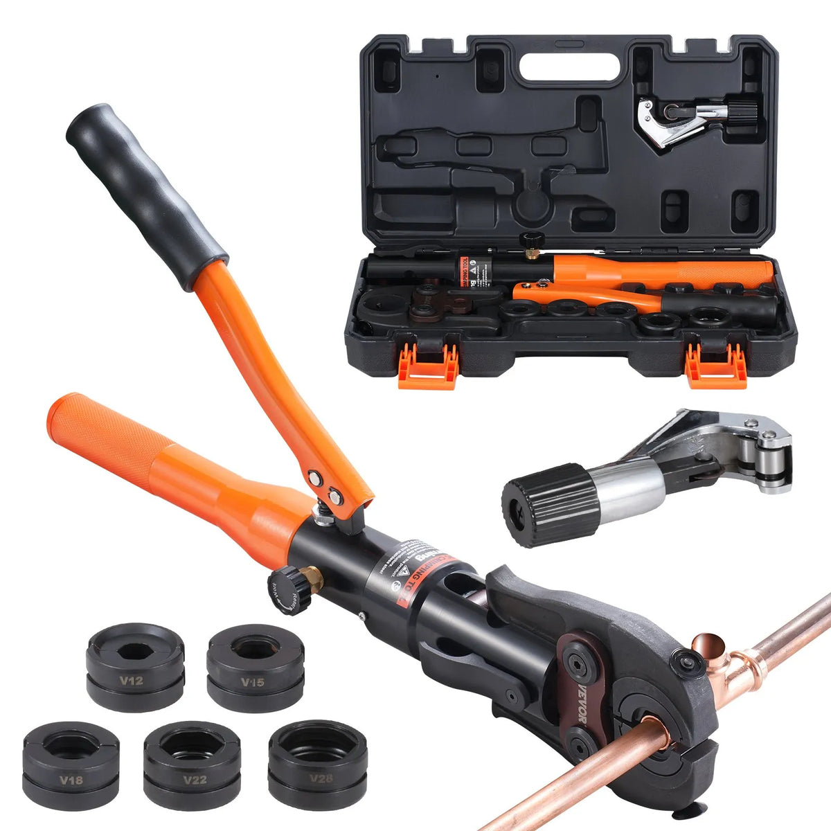 Copper Pipe Pressing Tool with V12/15/18/22/28 Heads, 360° Rotating Head