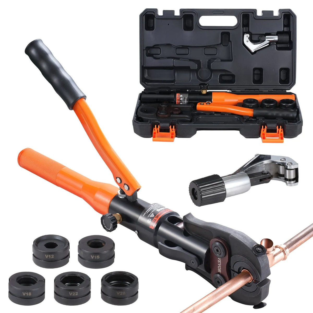 Copper Pipe Pressing Tool with V12/15/18/22/28 Heads, 360° Rotating Head