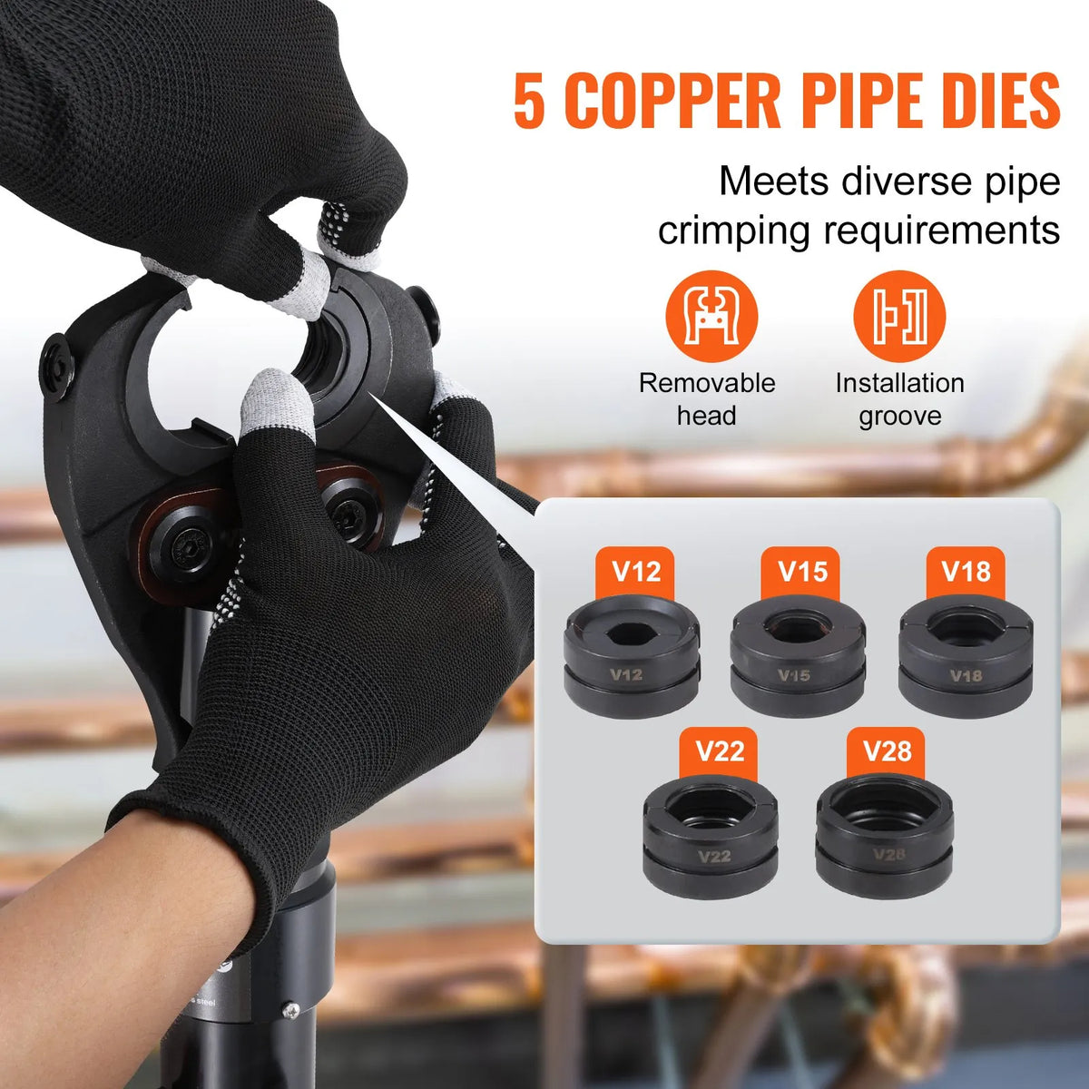 Copper Pipe Pressing Tool with V12/15/18/22/28 Heads, 360° Rotating Head