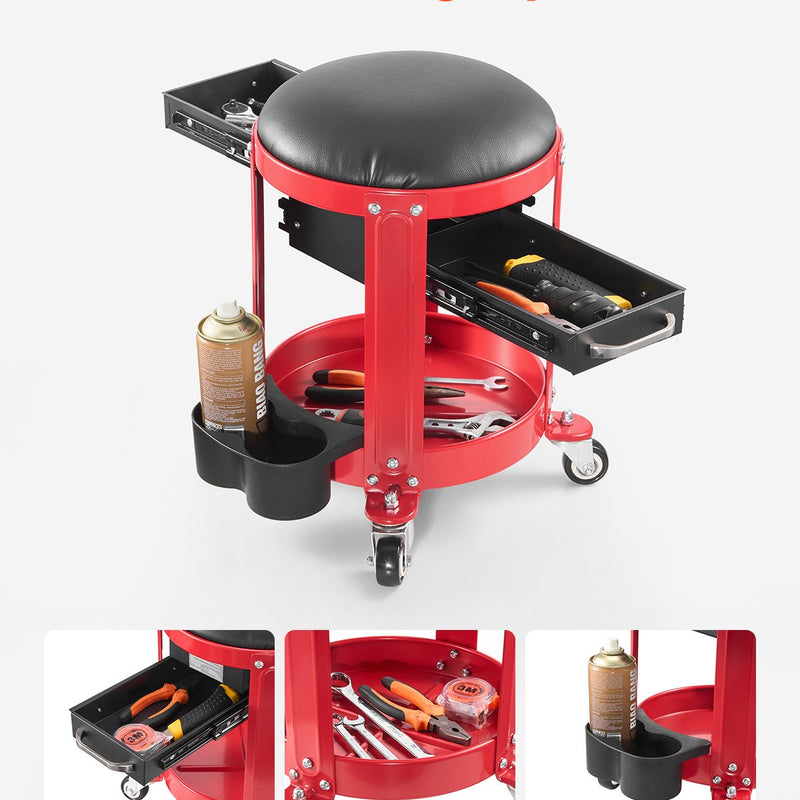 VEVOR rullējošais mehāniķa krēsls, garāžas krēsls, 136 kg kravnesība ar riteņiem un uzglabāšanu