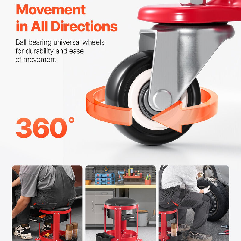 VEVOR rullējošais mehāniķa krēsls, garāžas krēsls, 136 kg kravnesība ar riteņiem un uzglabāšanu