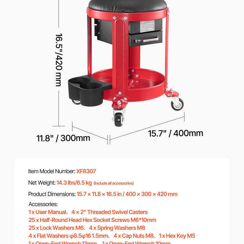 VEVOR rullējošais mehāniķa krēsls, garāžas krēsls, 136 kg kravnesība ar riteņiem un uzglabāšanu