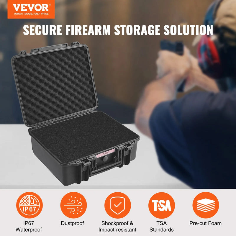 VEVOR cietais pistoles konteiners ar iepriekš izgrieztu PU putu ieliktni, ūdensdrošs un putekļdrošs cietais konteiners 6 pistolēm, ar aizslēdzamu konstrukciju, 490 × 434 × 211 mm, melns