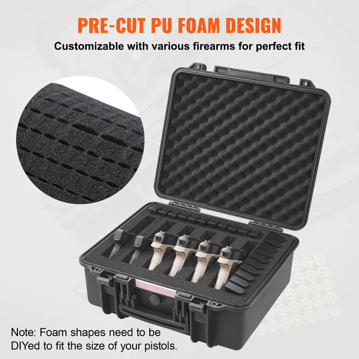 VEVOR Hard Pistol Case with Pre-Cut PU Foam Insert, Waterproof and Dustproof Hard Case for 6 Pistols, Lockable Design, 490 × 434 × 211 mm, Black