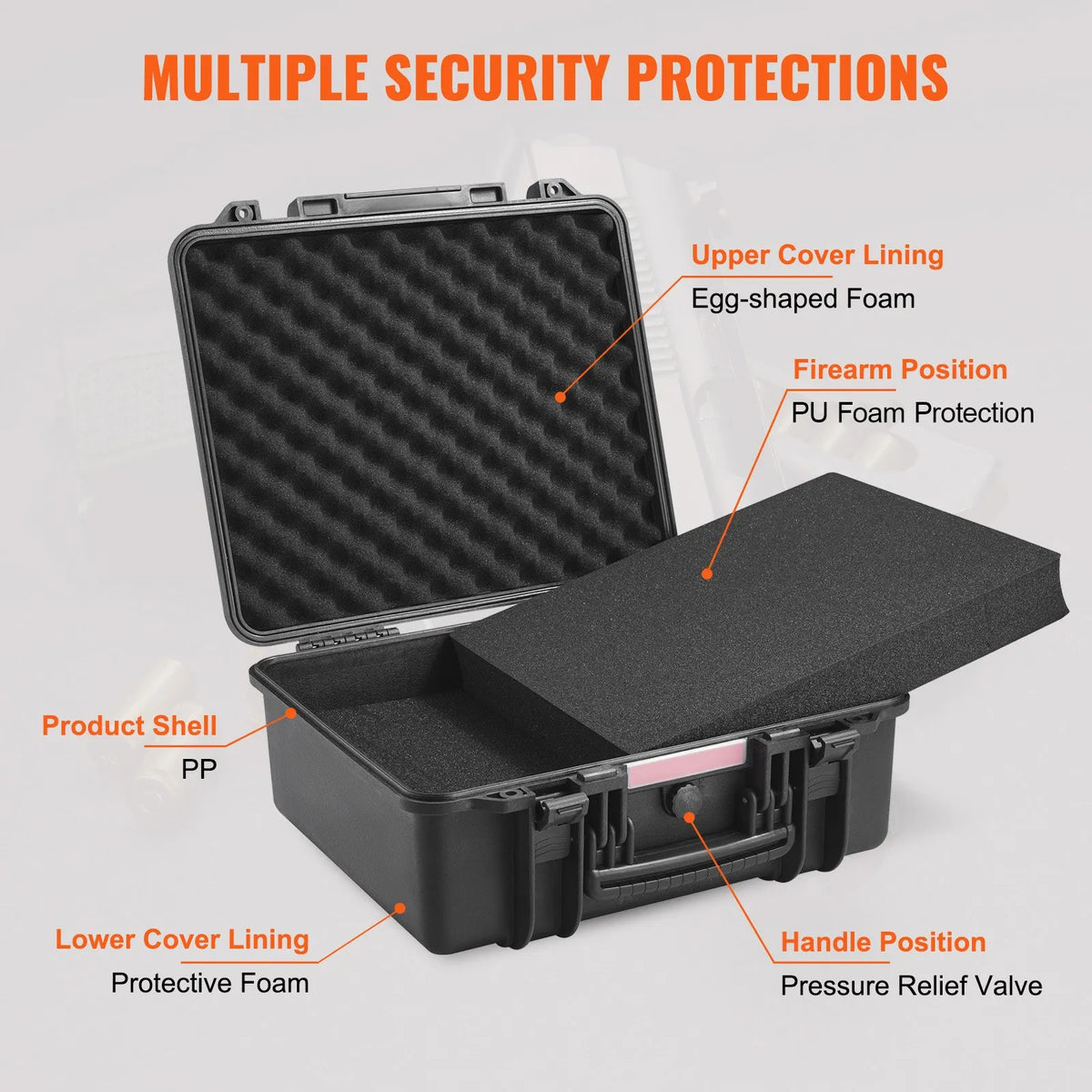 VEVOR Hard Pistol Case with Pre-Cut PU Foam Insert, Waterproof and Dustproof Hard Case for 6 Pistols, Lockable Design, 490 × 434 × 211 mm, Black