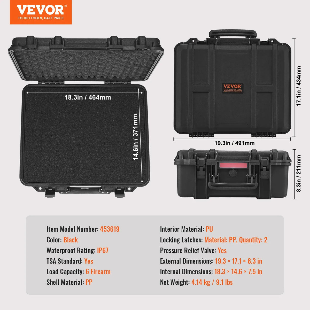 VEVOR Hard Pistol Case with Pre-Cut PU Foam Insert, Waterproof and Dustproof Hard Case for 6 Pistols, Lockable Design, 490 × 434 × 211 mm, Black